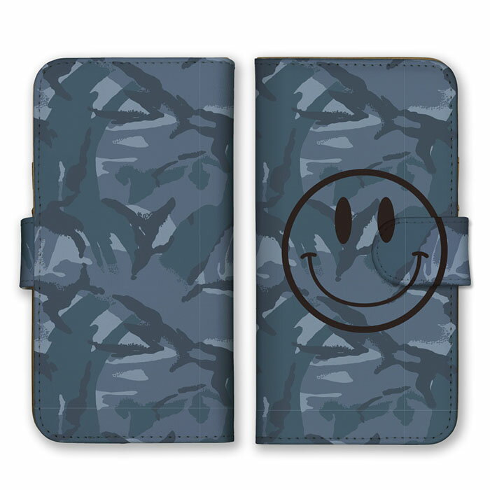 全機種対応 手帳型 スマホケース SIMフリー対応 スマイリー SMILY ニコちゃんマーク グレー ネイビー チャコール 迷彩柄 カモフラ柄 ミリタリー かっこいい iPhone14 13 12mini Pro Max SE(第3世代) Galaxy Xperia AQUOS