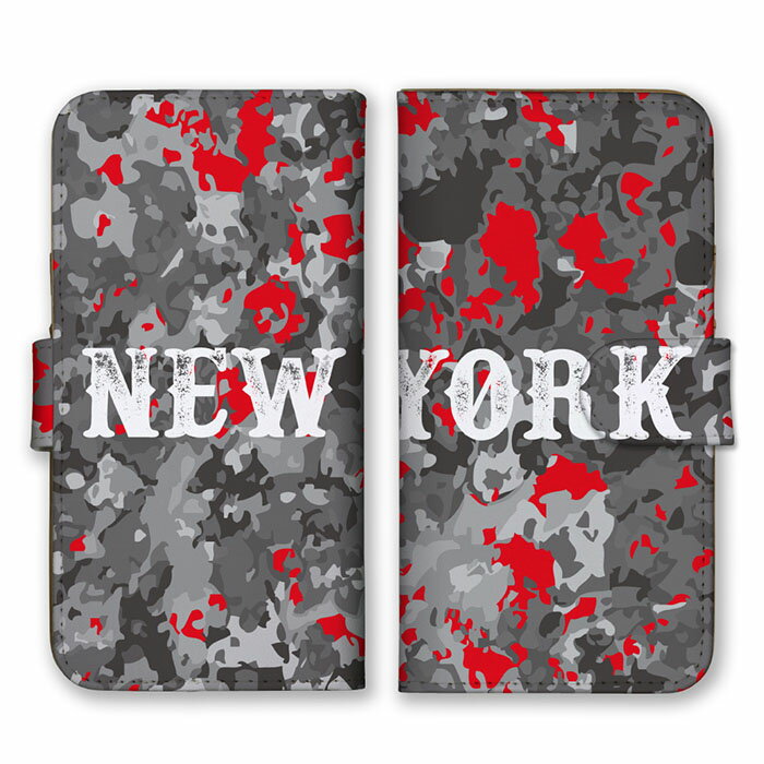 Rakuten - 全機種対応 手帳型 スマホケース SIMフリー対応 NEW YORK ニューヨーク ロゴ 英字 英語 シンプル グレー チャコール レッド 迷彩柄 カモフラ柄 ミリタリー かっこいい iPhone14 13 12mini Pro Max SE(第3世代) Galaxy Xperia AQUOS
