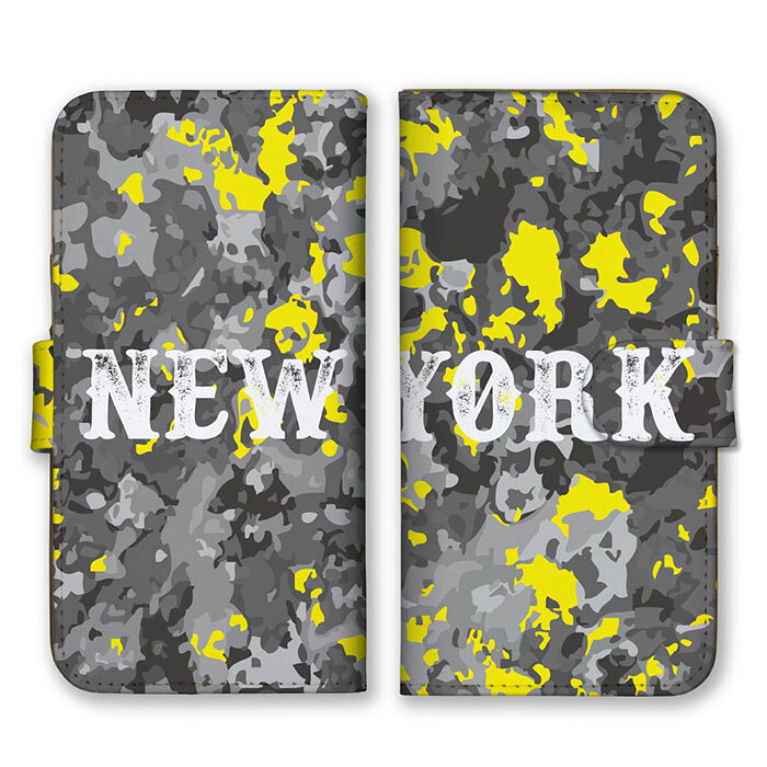 Rakuten - 全機種対応 手帳型 スマホケース SIMフリー対応 NEW YORK ニューヨーク ロゴ 英字 英語 シンプル グレー チャコール イエロー 迷彩柄 カモフラ柄 ミリタリー かっこいい iPhone14 13 12mini Pro Max SE(第3世代) Galaxy Xperia AQUOS