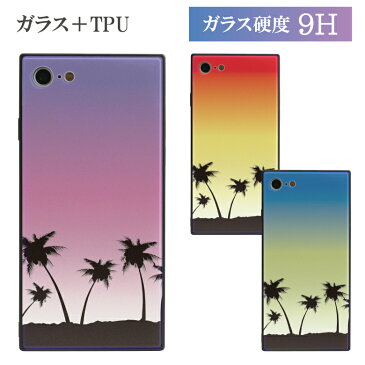 No107 サンセット レクタングル iPhone対応 ガラスケース iPhone X iPhone8 iPhone7 スマホケース 持ちやすい 強化ガラス オシャレ カワイイ アイフォン8 iPhoneX グラデーション ハワイアン 海 南国 夏 ヤシの木 青 夕焼け 偏光ガラス 9H アイホンX d:fas