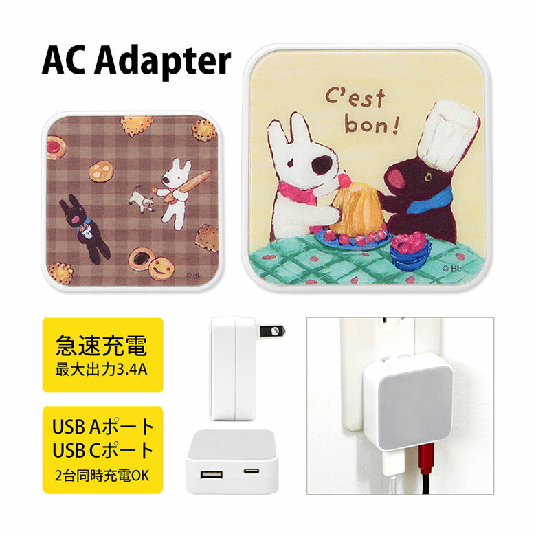 リサとガスパール AC アダプタ 2台同時充電可能 USB タイプC typeC アダプター コンセント 3.4A スマホ タブレット ゲーム機 充電器 キャラクター お菓子作り パンとねこ グッズ リサガス オシャレ かわいい 大人女子 綺麗