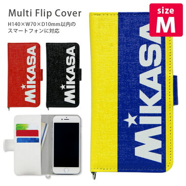 MIKASA マルチフリップカバー M サイズ かわいい スマホケース ミカサ おしゃれ ブランド バレーボール 汎用 手帳型 スマートフォン 黒 ブラック 黄色 イエロー 赤 レッド 粘着パット貼付タイプ スマホカバー 多機種に対応 携帯ケース グッズ