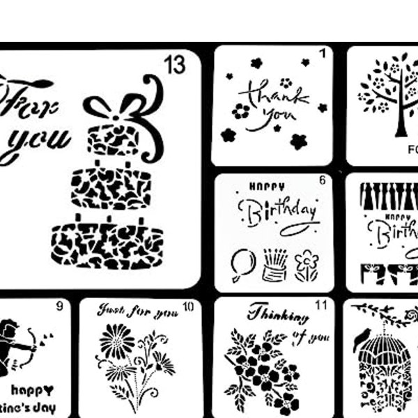 ステンシルシート 手帳 描画 テンプレート ステンシルプレート 模様 アルファベット 花 文字 (13*13cm)