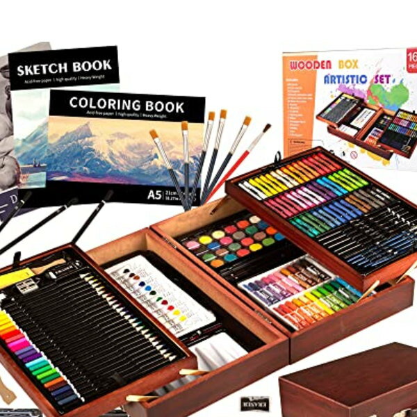 KINSPORY 168点 お絵かきセット 絵具セット 豪華 想像力 創造性 色鉛筆 クレヨン 水彩画 収納ケース付き 持ち運び 収納便利 (ダーク