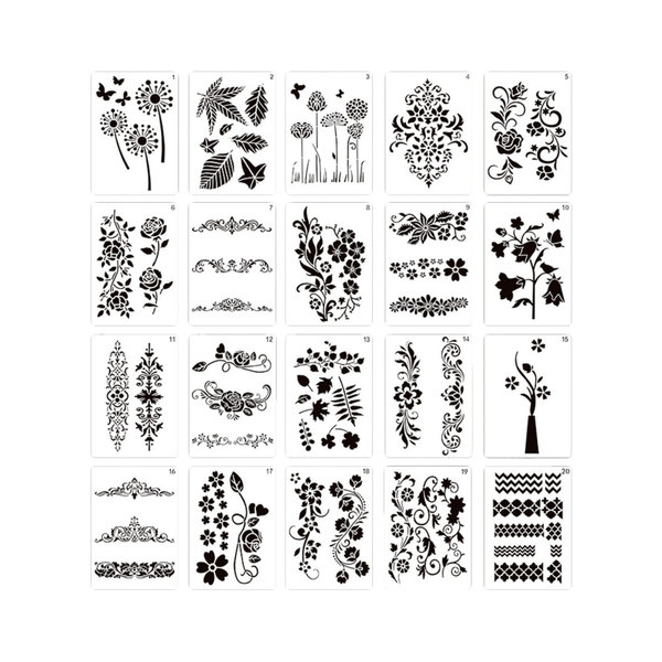 ステンシルシート ステンシル 20枚組 描画 テンプレート ステンシルプレート 植物 花柄 (A4サイズ)