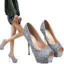 キッソス(KISSOS) レディース ヒール キャバ パンプス オープントゥ ピンヒール キラキラ 結婚式 パーティー (シルバー, 25cm(40))