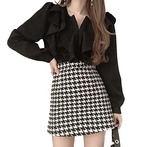 キッソス（KISSOS） レディース ブラウス シャツ フリル 韓国 ファッション 綺麗 セクシー 長袖 (Lサイズ, ブラック)