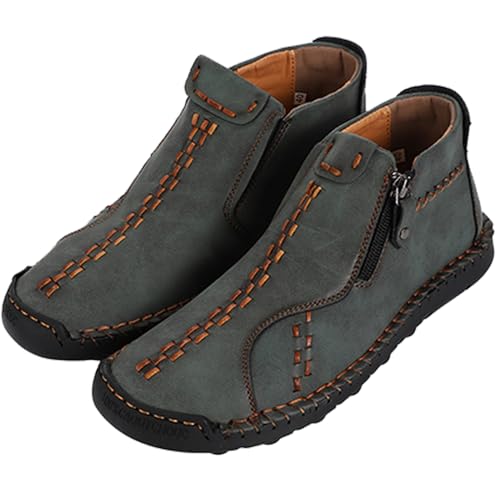 キッソス(KISSOS) メンズ レザーブーツ サイドジップ カジュアルシューズ ワークブーツ ショート 滑り止め ラウンドトゥ (グリーン, 25.5 cm)