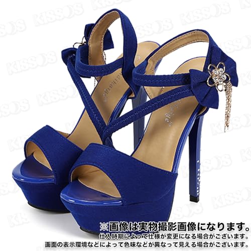 レディース パンプス オープントゥ ハイヒール アンクルストラップ リボン 15cm キャバヒール サンダル 厚底 (ブルー,23.5 cm)