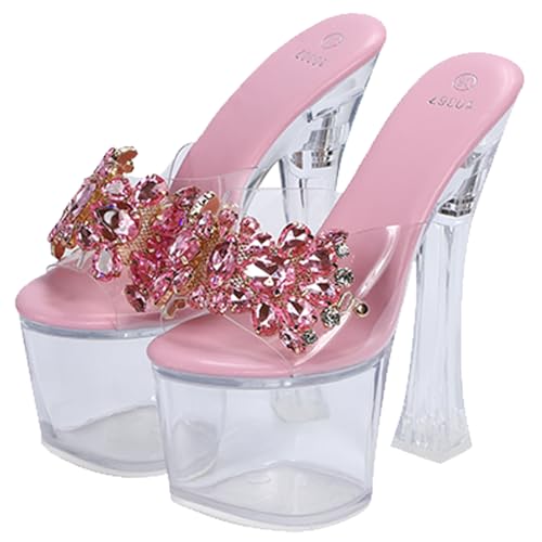 レディース ミュール パンプス 厚底 キラキラ クリア ラインストーン 17cm サンダル キャバヒール 美脚 (ピンク,23.5 cm)