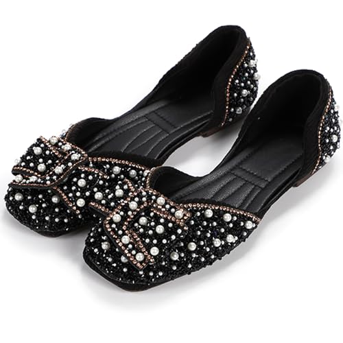 レディース フラット シューズ おしゃれ 歩きやすい ペタンコ スリッポン キラキラ ビジュー パンプス ローファー (ブラック,23.0 cm)
