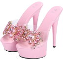 レディース ミュール パンプス 厚底 キラキラ ラインストーン 17cm サンダル キャバヒール 美脚 おしゃれ (ピンク , 24.5 cm)