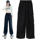 レディース カーゴ パンツ ワイドレッグ ポケット ロングパンツ ワイドパンツ ポケット ゆったり お洒落 可愛い (L, ブラック)