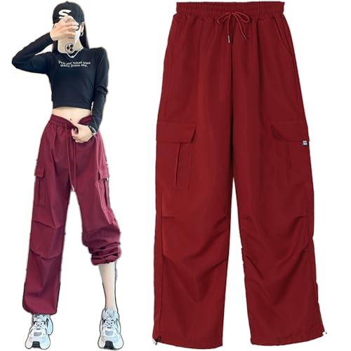 レディース カーゴ パンツ ワイドレッグ ポケット ロングパンツ ワイドパンツ ポケット ゆったり お洒落 可愛い (XL, レッド)