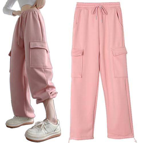 レディース スウェット カーゴ パンツ ロングパンツ ワイドパンツ ポケット ゆったり お洒落 可愛い ストリート 部屋着 (L, ピンク)