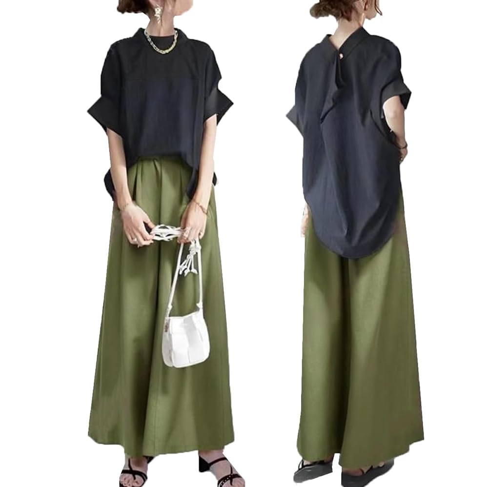 キッソス（KISSOS） レディース セットアップ 和風 トップス ワイドパンツ 2点セット カジュアル 春夏 お洒落 綺麗 可愛い (カーキ＆ブラック, Lサイズ)