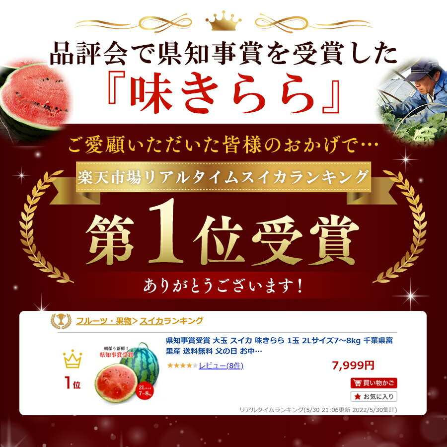 県知事賞受賞 大玉 スイカ 1玉 2Lサイズ7〜8kg 千葉県富里産 送料無料 父の日 お中元 御中元 ギフト 3