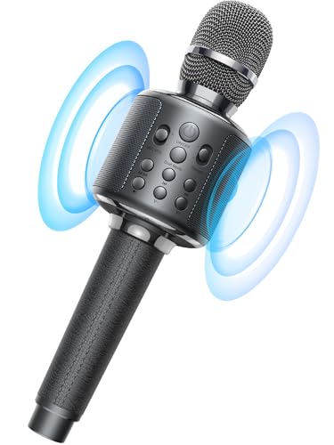 【新登場】MetFut カラオケマイク 高性能 Bluetooth ワイヤレスマイク スピーカー内蔵 カラオ練習 一体型 3000mAh充電式 エコー調整/デュエットモード/ボーカル消去 革ハンドル TFカード/AUX再生 収納ケース付属 スマホ/タブレット対応 (グレー)