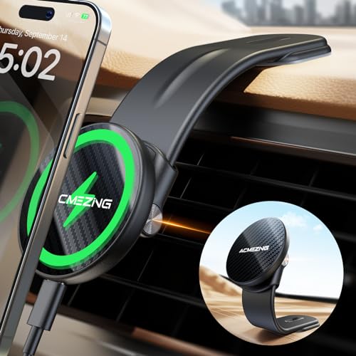 スマホホルダー 車 ワイヤレス充電 マグネット 15W【360°自由調整アルミ合金素材安定性拔群】magsafe 車載 急速充電&超強磁力【22個N55磁石】超薄 スマホスタンド 車 充電 ACMEZING 車載スマホホルダー 取付簡単 車載充電器 携帯ホルダー 3Mマジックテープ付き カー用品