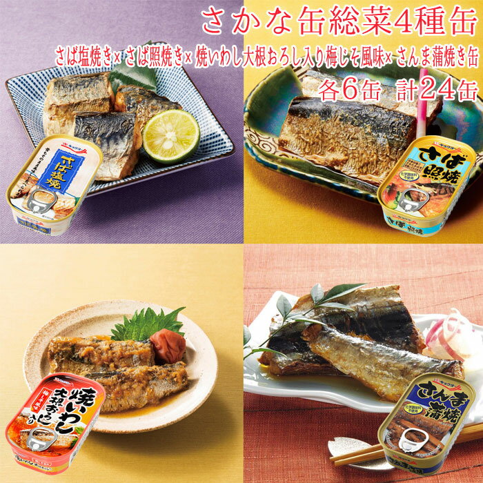 缶詰 さかな缶 総菜 4種缶 各6缶 計24缶 さば照焼き さば塩焼き さんま蒲焼き缶 焼いわし大根おろし入り梅じそ風味 魚 24缶セット 缶詰め 缶づめ ギフトセット 非常食 災害 副菜 常備菜 おかず 一品料理