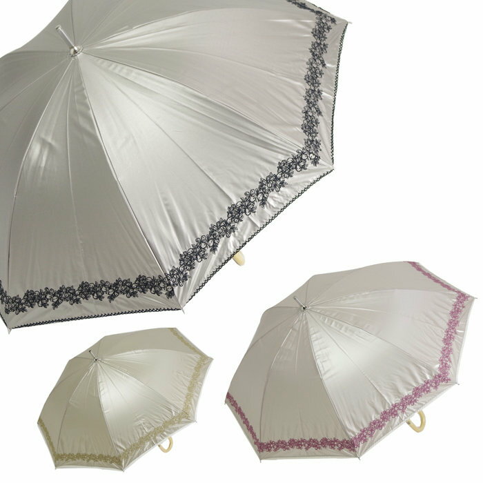 雨傘 レディース 日傘 晴雨兼用 UVカット 裾Wピコハイビスカス刺繍スライドショート傘 47cm 超軽量 遮光&遮熱 かさ 日傘 レイングッズ カラーコーティング