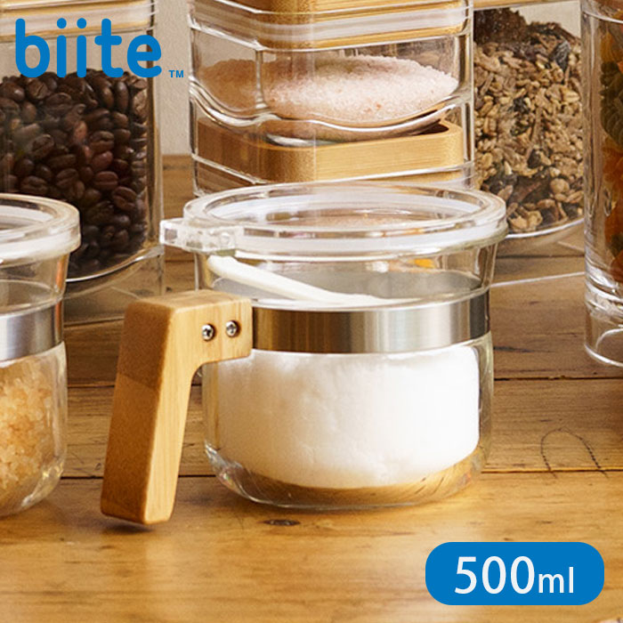 保存容器 500ml パウダーポット 調味料入れ バンブー おしゃれ プラスチック 調味料ポット 容器 0.5L 保存 洗いやすい 竹 スプーン付き ケース 調味料容器 スパイスボトル 砂糖 塩 小さじ1 簡単開閉 割れにくい かわいい 丸形