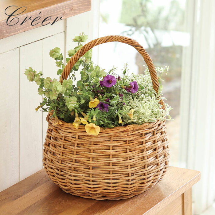 バスケット かご 持ち手付 収納 カゴ ラタン アラログ 小物入れ グリーンバスケット 直径26cm ラウンド 皮付き アジアン雑貨 収納かご 天然素材 ハンドメイド 藤 丸 小物収納 手編み 果物 おしゃれ 見せる収納 インテリア