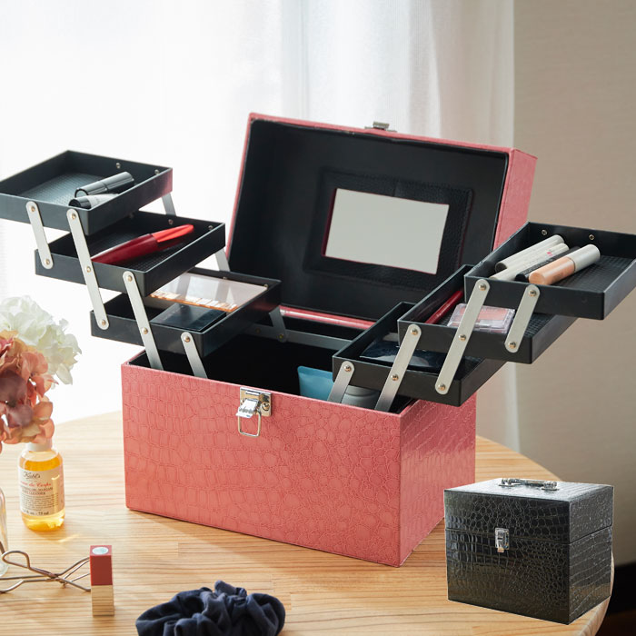コスメボックス 鏡付き 大容量 レザー調 トレイ付き 持ち運び メイクボックス ブラック ピンク EF-SR20 メイク コスメ 化粧品 ドレッサー コスメ収納 化粧品ボックス ネイル おしゃれ