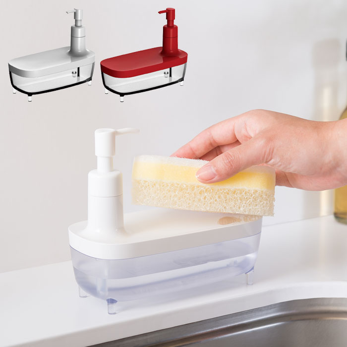 スポンジラック ディスペンサー付き おしゃれ 詰め替え容器 液体専用ボトル 詰め替えボトル ソープボトル スマートホーム2 ディスペンサー スポンジホルダー 食器用洗剤 食器洗い洗剤 レッド ホワイト 53581 53586