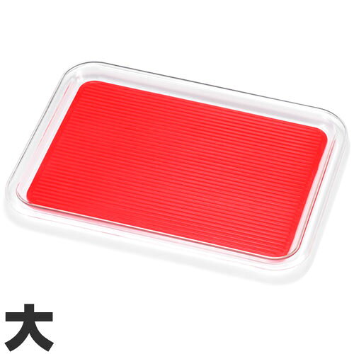 キッチン雑貨　お盆（トレイ）メーカー曙産業カラー・味・種類レッド商品外寸(mm)トレー：342×266×19、マット：301×224その他傾いても倒れにくく、キレイなクリアタイプのマジックトレー◆マットがはがれてお手入れラクラク♪材質・原材料トレー：メタクリル樹脂（耐熱温度-30〜80度）、マット：EVA樹脂（耐熱温度-30〜70度）生産国日本