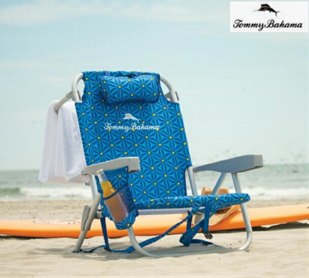 【毎日当日発送中◎ドリンクホルダー付き◎リクライニング5段階で楽々】Tommy Bahama トミーバハマ ビーチチェア 【ブルー ロゴ柄】バックパックビーチチェア リクライニングチェア ローチェア 海 ビーチ プール 収納 保冷 クーラーバッグ付き リゾートチェア
