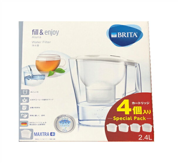 ブリタ 浄水ポット 2023年(画像は旧製品画像)ブリタ アルーナ カートリッジ4個付き BRITA Aluna ブリタ ポット型浄水器 1.25L (ろ過水容量)アルーナ　浄水器　マクストラ プラス　日本仕様・日本正規品　食洗機使用可　エコ