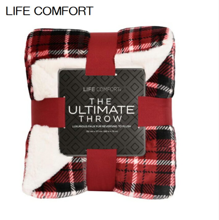 レビューキャンペーン目玉品◎即納品◎LIFE COMFORT ライフコンフォート　フェイクファー　リバーシブル　ひざ掛け　毛布　大判　152cm x 177cm　洗濯・乾燥対応　チェック柄　ブラック×レッド　黒　赤　BLACK　RED ブランケット　Costco　コストコ