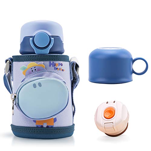 Bunnytoo 水筒 子供 2WAY ストローボトル 真空断熱 保温 保冷 450ml/500ml 魔法瓶 キッズボトル 真空二重構造 漏れない ステンレスボトル マグボトル スポーツ コップ付き ポーチ付き ストロータイプ & コップタイプ コンパクト ワンタッチ ストラップ 子ども おしゃ...