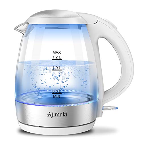 Ajimuki 電気ケトル ガラスケトル 電気ポット 電気やかん 湯沸かしケトル 1.2L大容量 1200W 急速沸かし 耐熱性＆耐酸性 ホウケイ酸ガラス 目盛付き 透明 自動的電源オフ 空焚き防止機能 断熱ハンドル 安心安全 PSE認証済み（ホワイト）