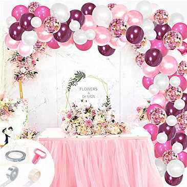 祝い風船 バルーンアーチ 100個 紙吹雪風船付き 女の子誕生日 パーティー 結婚記念日 おしゃれ飾り付けセット 12インチピンクバルーン 開店式 バースデー 卒業卒園 周年イベント プレゼント リボン 接着テープ バルーンクリップ 結びツール付き