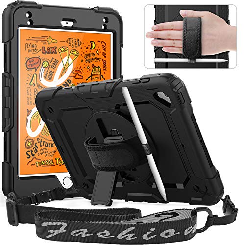 Timecity iPad Mini5 ケース 2019(iPad Mini4 ケース 2015) 保護シール内蔵 360度回転の折り畳スタンド 肩紐 ハンドストラップ付き ペン収納 頑丈 丈夫 ゴツイ 耐衝撃 操作簡単 多機能 現場 iPad Mini4 カバー タブレットPCケース (ブラック)