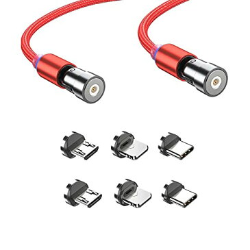 【2本セット 1m+2m red】マグネット 充電ケーブル 3in1 2.4A USBケーブル L-product/Type c/Micro USB2.0 360度+180度回転 急速充電 ケーブル QC3.0 LEDライト付き iPhone 12 / 12 Pro / 12 Pro Max / 11 / XR/SE/Galaxy など対応 着脱式 強い磁気 防塵