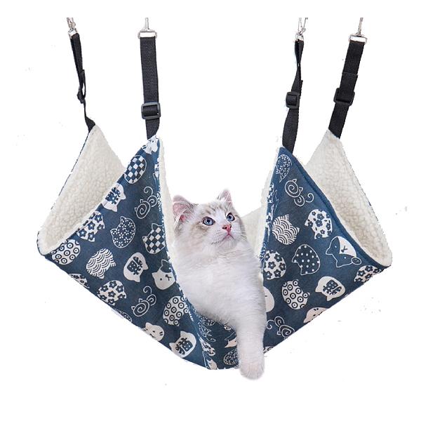 猫 ハンモック キャットハンモック 猫 ケージ 椅子用 可愛い猫柄 冬夏 両面使用 遊び場 昼寝 日向ぼっこ 長さ調節可能 60*50cm (ネイビー)