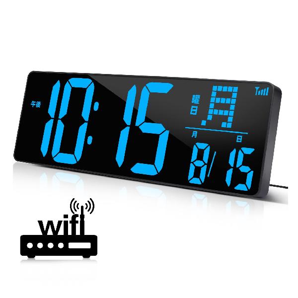 「2022最新WiFi時間修正」Blueekin デジタル時計 LED大画面 WiFi時間自動修正対応 大型 明るさ調整可能 見やすい 壁掛け置き兼用 目覚まし時計 大音量 タイマー機能 掛け時計 卓上置き時計 おしゃれ アラーム スヌーズ機能 時間/カ