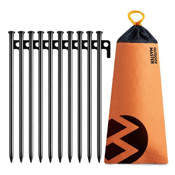 OUTDOORMASTERテントペグ 30cm 10本セット 高炭素鋼製 防水収納袋付き 防錆 カチオン電着塗装 タープペグ 鍛造ペグ 硬い土 砂地 草地 アウトドア テント 登山 キャンプ 多機能 設営用具