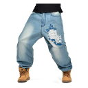D.IIZOO おおきいサイズ 刺繍ジーンズ メンズ ゆったり デニムパンツ ワイドルーズ ジーパン ストレートタイプ バギーパンツ ヒップホップ ストリート系 hip hop (ブルー 46)