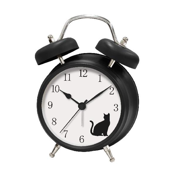 誠時 置き時計 マットブラック 20×15×8cm アニマルボイスクロック ネコ アナログ表示 置時計 AC-020