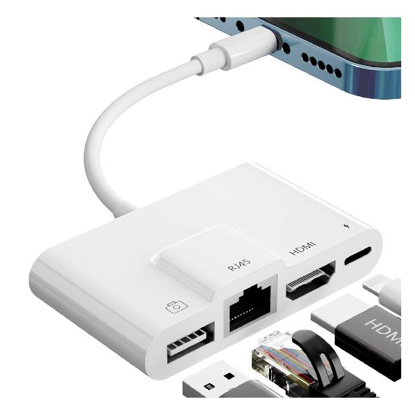 Phone HDMI+USB+RJ45 変換アダプター HD1080P Phone Pad 専用 lightn-ing カメラ変換アダプター 有線lan HDMI 変換ケーブル ライト-ニング OTGカメラアダプタ 双方向 写真/ビデオ高速転送 4in1