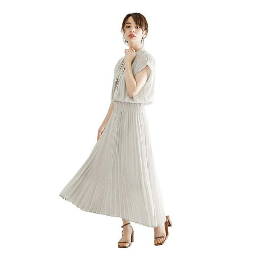 AILITI プリーツワンピース レディース 半袖 マキシ丈 ロングワンピース 可愛い きれいめ オフィス 夏 (ライトグレー、 L) AILITI プリーツワンピース レディース 半袖 マキシ丈 ロングワンピース 可愛い きれいめ オフィス 夏 (ライトグレー、 L)