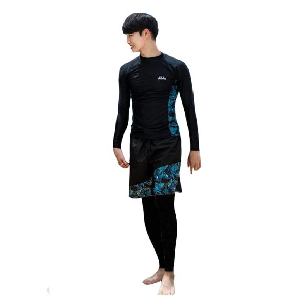 フィットネス水着 メンズ 3点セット 長袖ラッシュガード UVカットUPF50+ レギンス サーフパンツ 水陸両用 (ブルー?リーフ、 XXL)