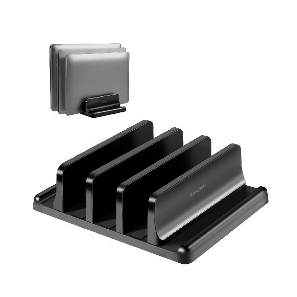 VAYDEERノートパソコンスタンド 縦置きノートpc スタンド 3台収納 ホルダー幅調整可能 ABS樹脂製 for タブレット/ipad/Mac mini/MacBook Pro Air 縦置き用- ブラック