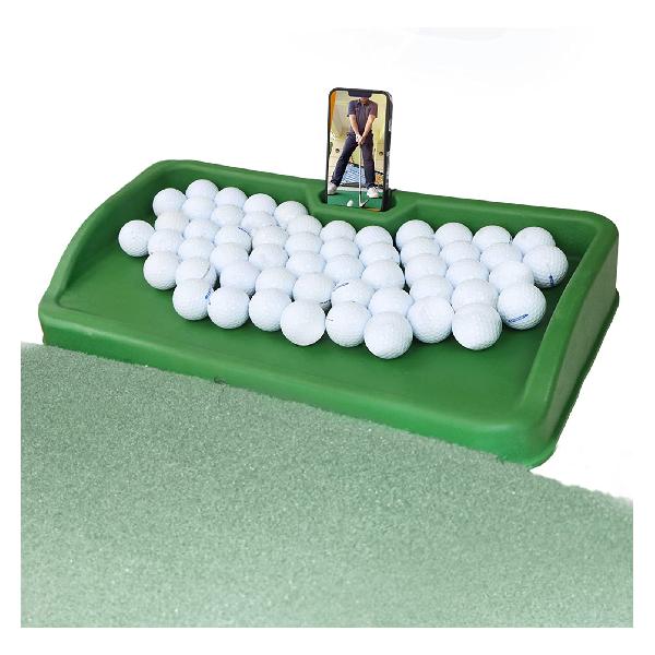 ゴルフボールトレイ- 携帯電話ホルダーレコードゴルフスイング、100ボール容量、重いゴム製ゴルフ皿はすべての打球パッドと互換性がある