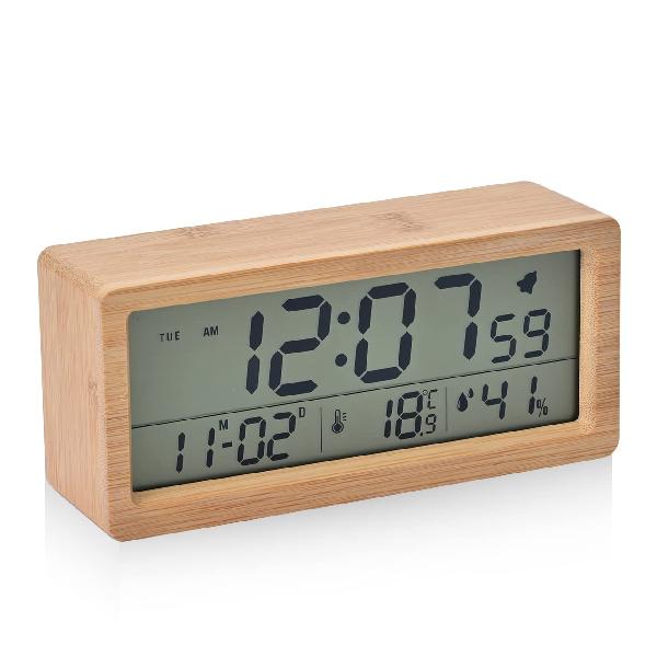 デジタル目覚まし時計 電池式 木製置き時計 き湿度と温度検出電子時計 持ち運びが容易寝室ベッドサイドテーブル机オフィス子供家族に適しています(竹色)