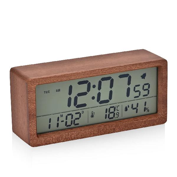 デジタル目覚まし時計 電池式 木製置き時計 LCD き湿度と温度検出電子時計 持ち運びが容易 寝室 ベッドサイドテーブル 机 オフィス 子供 家族に適しています (ブラウン)